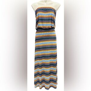 CACHÉ Blue Striped Maxi Dress Boho Geometric Strapless Beach cover-up small